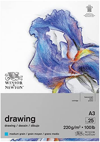 Winsor & Newton 6689748 Zeichenpapier im Block - 25 Blatt A3, 220g/m², mittlere Körnung, natürliches Weiß, säurefrei, Alterungsbeständig, Ideal für Bleistift, Buntstift, Pastell und Kohle