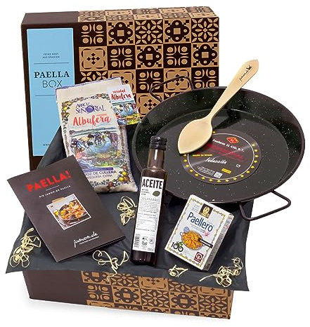 jamon.de PAELLA-BOX mit Paella-Pfanne, Reis, Olivenöl, Safran-Gewürz, Löffel & Rezeptkarte - geschenkfertig in Präsent-Box geliefert