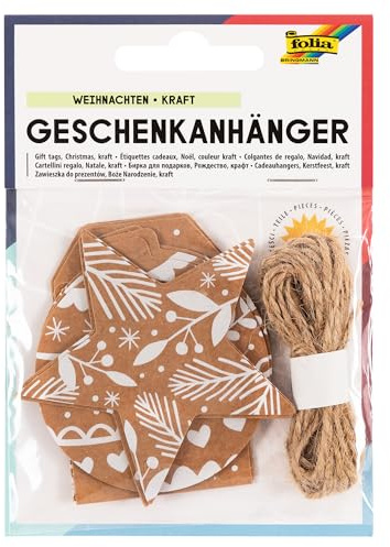 folia 12014 Geschenkanhänger Weihnachten Natur, 12 Stück, inklusive 3 m Schnur, zum individuellen Beschriften und Kennzeichnen der Geschenke