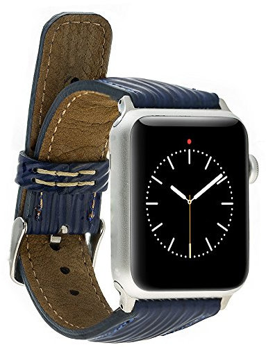 Solo Pelle Apple Watch Series 1/2/3 AK Cinturino in pelle da 42 mm in pelle blu con connettore adattatore Easy Watch meccanismo di ricambio e chiusura con fibbia