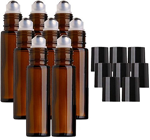 MINGZE 8 piezas 10ml Botellas de vidrio ámbar con bola de metal de acero inoxidable, Botella de aceite esencial Roll-on para aceite esencial, Botella de bola de rodillo para líquido