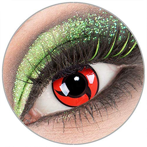 Farbige rote schwarze 'Itachi' Kontaktlinsen ohne Stärke 1 Paar Crazy Fun Kontaktlinsen mit Kombilösung (60ml) + Behälter zu Fasching Karneval Halloween - Topqualität von 'Giftauge'