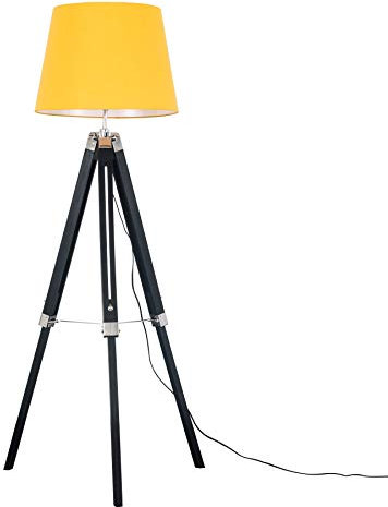 MiniSun | Modern Black Wood and Silver Chrome Tripod Floor Lamp with a Mustard Tapered Light Shade | Floor Lamps & Torchieres, Home Décor & Improvement Essential | Includes Bulb [3000K Warm White]