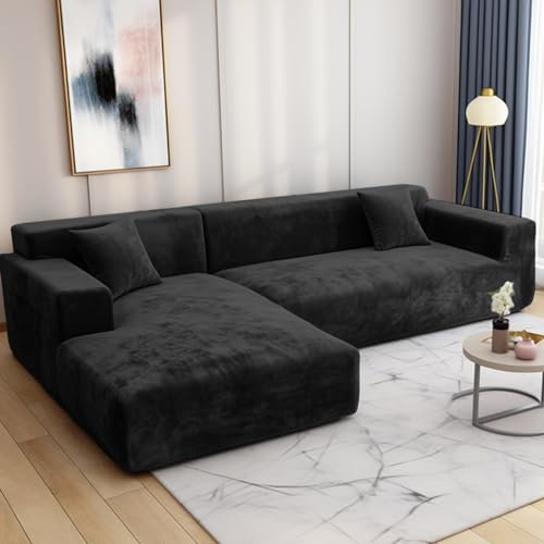 HEYOMART Sofabezug Ecksofa L Form Stretch Plüsch Sofa Überzug Universal Couchbezug Für 1/2/3/4 Sitzer - 1 Sitzer, Schwarz (L Form Ecksofa Erfordert Zwei)
