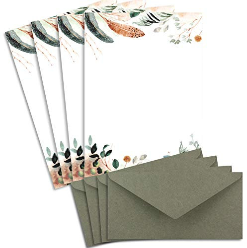 Lot de 50 feuilles de papier à lettres naturel A4 crème avec motif pot-pourri plumes/branches et enveloppes DL en papier kraft gris/vert Papier imprimable pour invitations de mariage