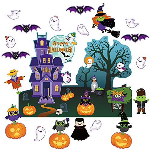 Halloween Pinnwand Dekorationen Halloween Klassenzimmer Ausschnitte Papier Trick Treat Kürbis Eule Katze Fledermaus Hexe Geist Schloss Dekorationen für Urlaub Schule Klassenzimmer Pinnwand Dekor