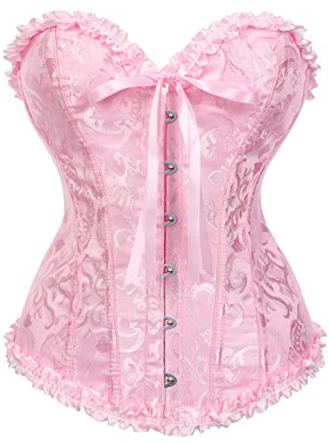 SHYMMUO Corset à lacets pour femme en satin floral avec baleines sur la poitrine - Bustier sexy à la taille - Push Up Shapewear Lingerie, rose, Large
