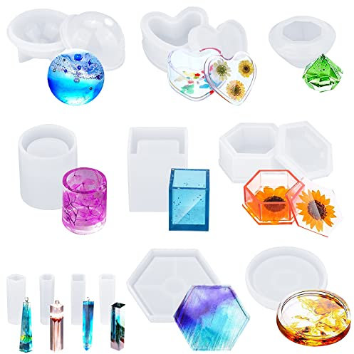 Fishoaky Epoxidharz Formen Set, 12 Stück Resin Gießharz Silikonform, kunstharz formen set groß Umfassen Sphärische,Diamant,Herzförmige für epoxidharz set anfänger DIY Harz Anhänger Schmuckkästchen