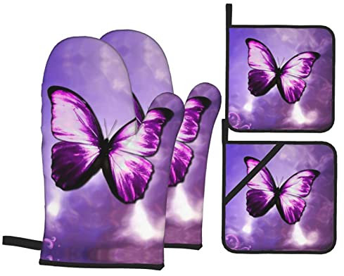 YUMEBLTD Ofenhandschuhe, lila Schmetterling-Ofenhandschuh und Topflappen für Küche, Kochen, Backen, Grillen, Grillen