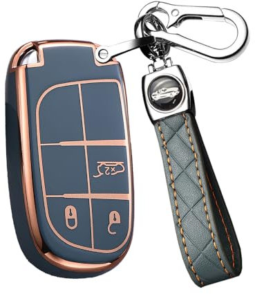 ontto Coque de clé de voiture avec porte-clés - Pour Fiat 500X Jeep Renegade Grand Cherokee Dodge Journey Charger Chrysler 200 300 300 C - En TPU - Gris
