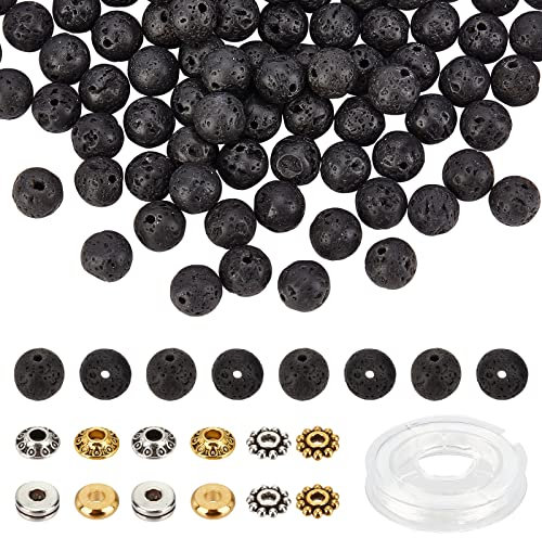 nbeads 320 Stück Natürliche Schwarz Lava Perlen Kit, 200 STK 8mm Natürliche Lava Stein perlen Stein 120 STK 6 Stile Tibetischen Stil Legierungs Spacer perlen Für Schmuckherstellung