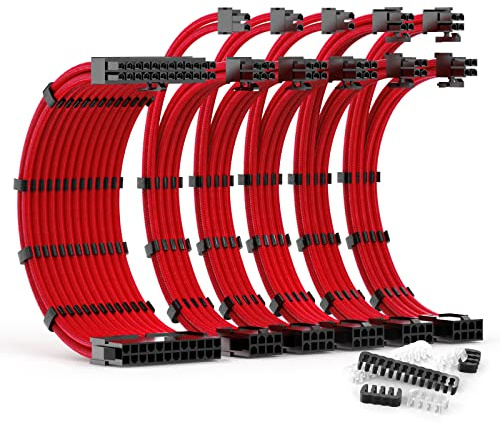 ABNO1 PSU Cable Extension Kit 30CM Length with Two Sets of Cable Combs,1x24Pin/2x8Pin(4+4)/3x8Pin(6P+2P) PC Sleeved Cable for ATX Power Supply (Red) (A-11)