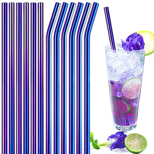 NiHome Wiederverwendbare Glas-Trinkhalme, transparent, 12 Stück, 20.3x0.8 cm, 6 gerade und 6 gebogene mit 2 Reinigungsbürsten für Milchshakes, gefrorene Getränke, umweltfreundlich, spülmaschinenfest