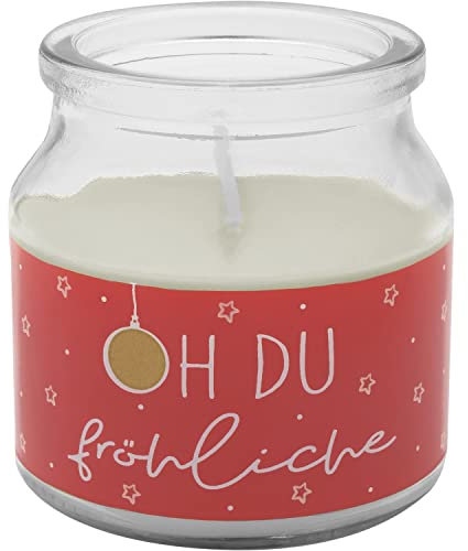 GRUSS & CO Kerze im Glas Motiv Oh du fröhliche | Duftkerze Vanille, Höhe 7 cm, Durchmesser 6,7 cm, Geschenk-Anhänger aus Holz | Weihnachtsdeko | 51098