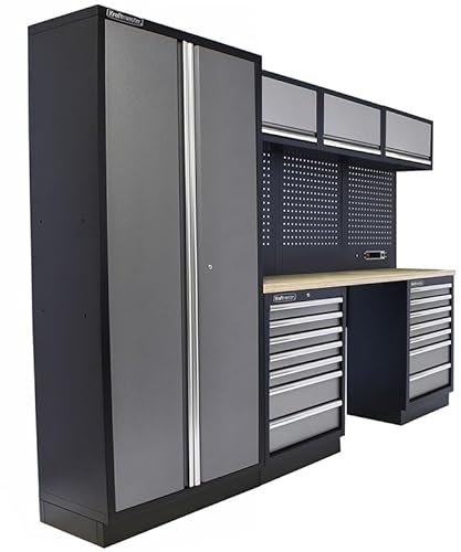 Kraftmeister Werkstatteinrichtung - Männerküche mit 7 Schubladen und 4 Schränken - Werkzeugschrank, Garage - modulares Werkbank mit Holzarbeitsplatte (Multiplex) und Werkzeugwand - Grau