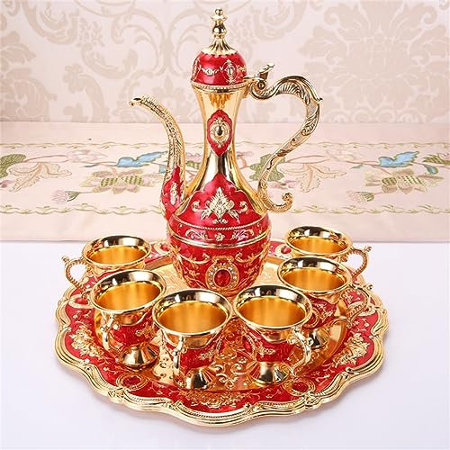 HJDSUDU Türkisches Vintage-Kaffeekannen-Set Aus Metall Mit 6 Kaffeetassen, Türkisches Teeservice Aus Metall Inklusive Handgefertigtem Teetablett, Teekanne Und Teetassen Zum Servieren Von Tee,C