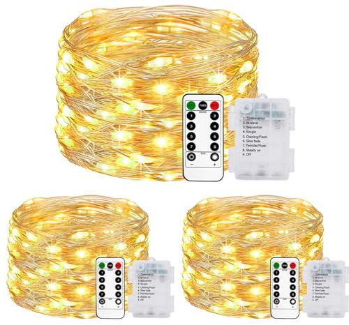 litogo 3 Stück Lichterkette Batterie, 5M 50 LED Lichterkette Batterie mit Timer & Fernbedienung 8 Modi Wasserdicht Warmweiß Lichterkette Draht für Innen/Außen Weihnachten Garten Party Hochzeit Deko