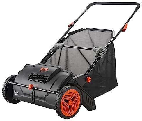 VEVOR Barredora de Césped 99L Cortacésped Manual con Bolsa recolectora Ancho de Barrido 53,5 cm Cepillo Giratorio Altura Ajustable Ruedas 25 cm para Césped Hojas de Jardín Escombros Secos 112x67x90 cm