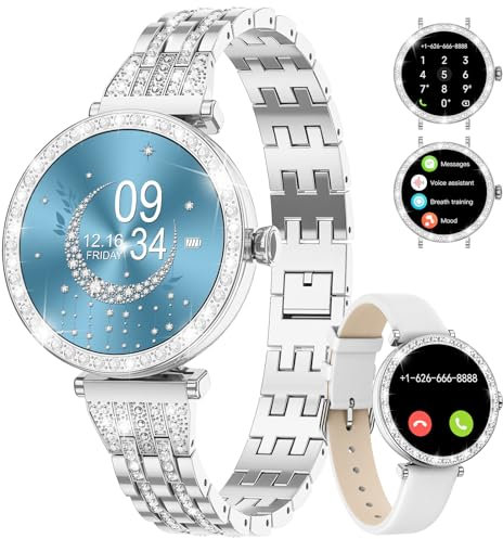 Smartwatch Damen mit 1.19zoll Zarte Kleines Touchscreen Telefonfunktion IP68 Wasserdicht Diamant Metallband Leder Sport Uhren Blutdruck/Herzfrequenz/Blutsauerstoff Damen Smartwatch für Android iOS