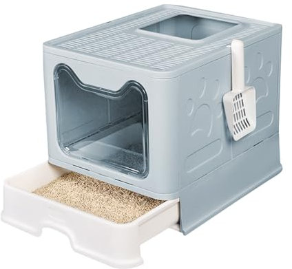 Caja de arena para gatos completamente cerrada con tapa, tipo de cajón, desodorizante, grande, plegable, con pala de plástico para mascotas, adecuado para gatos de todas las edades (azul, XXL)