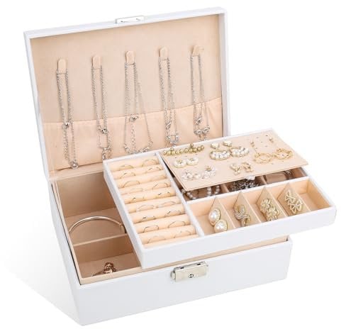 bssmmai Jewellery Boxes Organiser Storage 2 Layers Jewelry Organizer Box PU Leather Travel Jewelry Case with Lock Jewelry Storage Box Removable Tray for Rings Earrings Necklace Watches White