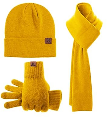 Winter Warm Lang Schal Beanie Mütze Touchscreen Handschuhe Set für Damen Herren Thermo Gestrickte Wintermütze Winterschal Handschuhe Kombiset Winterhandschuhe Strickmütze Winterset (Gelb, OneSize)