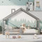 HUMZGHG Kinderbett 90 x 200 cm, Hausbett mit Schornstein Montessori Bodenbett Holzbett mit Rausfallschutz, Kiefernholz Bettgestell mit Lattenrost Haus Bett für Kinder (Grau)