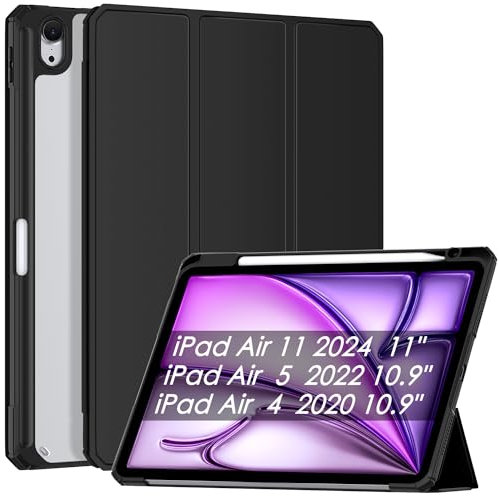 Mansiruyi iPad Air 11 inch Case M2 2024 with Pencil Holder iPad Air 5th Generation Case 2022/iPad Air 4th GenerationCase 2020 iPadAir 10.9 inchCase Hard Shell Stand Cover, Auto Sleep/Wake -Black