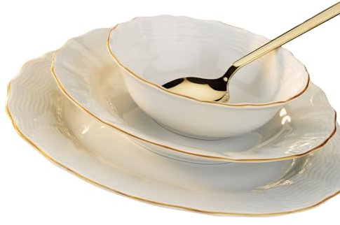 Vajilla de Porcelana Porland Ondulada - Vajilla de 18 Piezas Blanca y Dorada – Vajilla completa y elegante – Vajilla para 6 personas