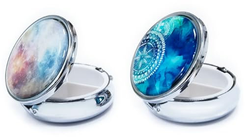 Belegao 2PCS Pill Box with Mirror 3 Compartments, Small Metal Pill Case for Tablets Vitamins Oil Supplements Medication Purse Pocket Portable Travel Pill Organiser Medicine Storage, Blue+Pink