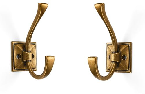 ZAUYX Large Wall Hooks 5 Pack Antique Brass Coat Hooks Hardware Towel Hooks for Hanging Coats 4.35 Inch Double Robe Hooks Wall Mounted with Screws for Key, Towel, Bags, Cup, Hat