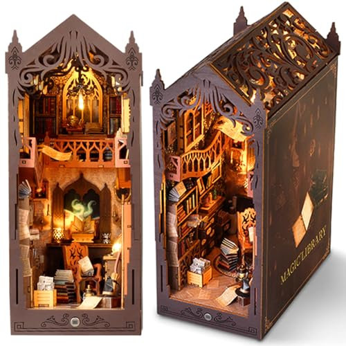 IVEOPPE DIY Book Nook Miniatur Haus - Miniatur Puppenhaus Booknook Kit für Erwachsene, 3D Holz Bücherregal Puzzle mit LED-Licht, Dekor Handwerk Geschenken für Teenager Erwachsene (Zauberei)