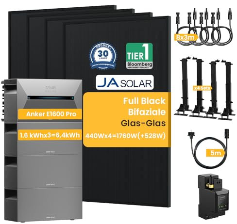 Balkonkraftwerk mit Speicher 6.4 kWh, Solix Solarbank 2 E1600 Pro mit 3xBP1600 mit JaSolar 1760W(+528W) Full Black Bifaziale Solarmodule Smarten Zähler und 4 Sets Halterung für Flachdach