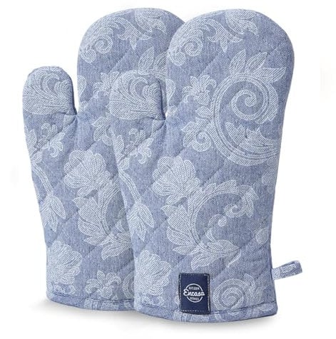 Encasa XO Gants De Cuisine Résistants À La Chaleur | Moufles De Cuisson pour Micro-Ondes, Four Et Cuisine | 18x30 cm| Porte-Ustensile en Coton - Tissu Chambray (Lot De 2, Bleu)