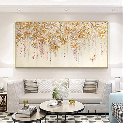 Ölgemälde mit gelbem Blumenbaum, gedruckt auf Leinwand, Landschaftskunst-Dekor für moderne Wohnwand, 86 x 175 cm, goldfarbener Rahmen, fertig zum Aufhängen