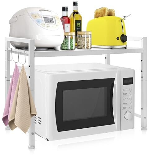 OUUTMEE Étagère à micro-ondes, support pour micro-ondes, matériau en acier au carbone, étagère à micro-ondes, plan de travail de cuisine, stable et solide, blanc, 2 niveaux