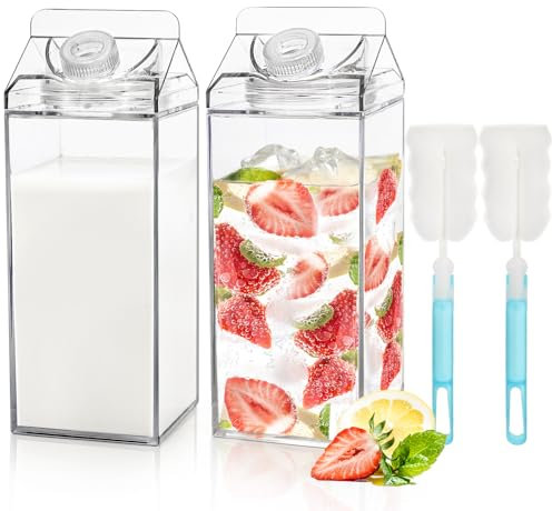 Bekith 2 Pack 64 Oz Large Milk Carton Water Bottle, Clear Plastic Milk Bottle with Cleaning Brush, Portable Leakproof Square Juice Bottle Reusable Milk Container for Outdoor Sports Travel Camping