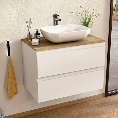 BELLOBATH - Mueble Baño Suspendido con Lavabo de Cerámica, Mueble Baño con Lavabo Montado con 2 Cajones, 100 x 55 x 46 cm, Mueble Blanco y Tapa Roble
