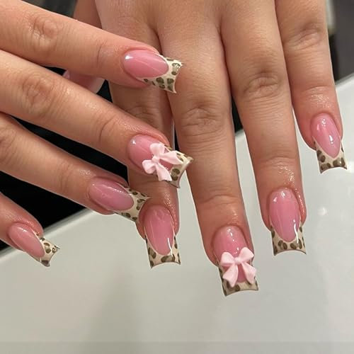 French False Nails - 24Pcs Square Leopard Print French Fake Nails with Pink Bowknot - Stick on Nail Tips with Nail Glue - Full Cover Acrylic False Nails & Accessories Nails Art for Women