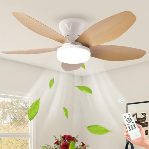 LASANYA Ventilatore da Soffitto con Luce e Telecomando Soggiorno Lampadario Ventilatore da Soffitto a 5 Pale Dimmerabile Per Camera da Letto Reversibile, 6 Velocità, Motore DC-White-Wood||88CM