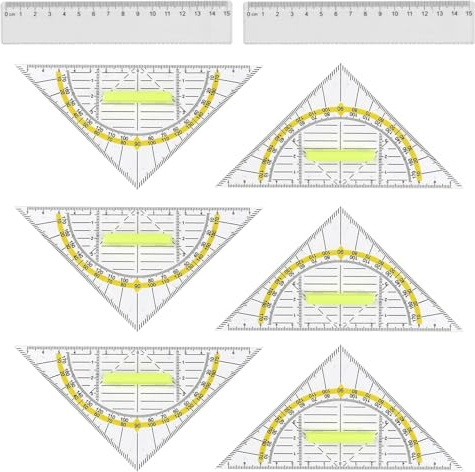 6 Pz 16 cm Squadra con Manico e 2 Righelli da 15 cm, Goniometro in Plastica Trasparente con Scala, Squadre per Scuola Elementare, Righello Triangolare, Modello Circolare per Ufficio Designer Pittura
