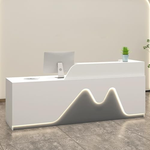 YUGXTH Empfangstheke, Empfangstresen mit Schubladen, L-Rezeptionstheke, Rezeptionstheken Aus Holz, Rezeptionstresen mit Verdeckter Beleuchtung, Perfekt für Büroempfangsräume(White+Gray,140cm)