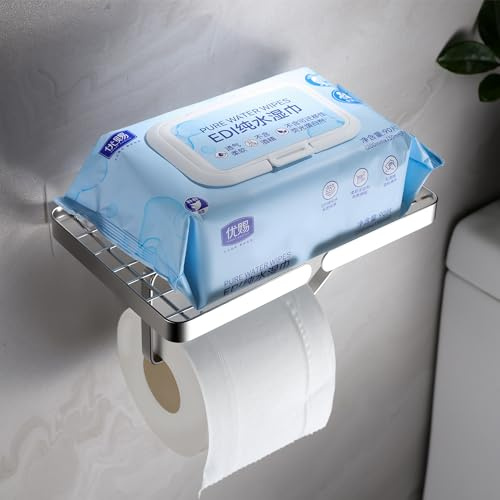 YIGII Toilettenpapierhalter, klopapierhalter ohne Bohren, Toilettenpapierhalter Mit Ablage, Wc Papier Halterung Rollenhalter mit Kleber für Badzimmer Silber