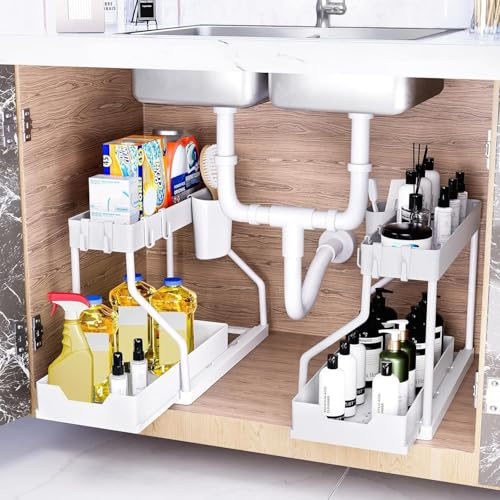 Livhome 2 Pack 2 Tier Under Sink Organiser with Pull-Out Drawers, Kitchen Storage Shelf with Hanging Hooks, Compact Storage Solution for Bathroom, Laundry Room & Cabinet Organisation (White)