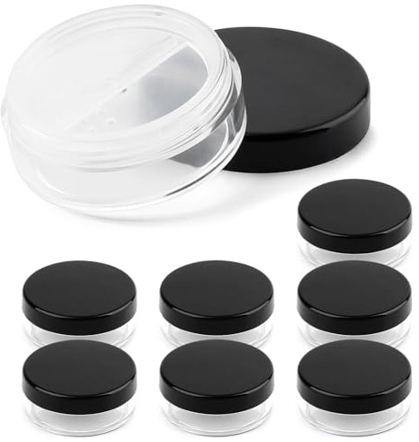 8 recipientes vacíos de maquillaje de 10 ml, pequeños tarros de polvo sueltos de viaje de plástico recargables, compactos con tamiz giratorio y tapa de rosca negra, almacenamiento de cosméticos