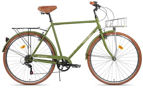 FabricBike Southken - City Bike 28 Zoll, Cityräder, klassisches Stadtrad, Fahrrad mit Korb, bequemer Sattel, 7-Gang-Schaltung (Southken Olive + Korb, M-54cm)