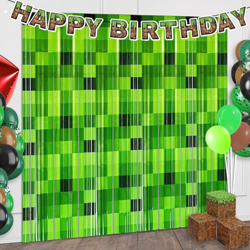 2 Stück Lametta Vorhang Grün - Pixel Miner Style Videospiel Party Deko für Jungen Geburtstag, Glitzer Fotowand Hintergrund für Gamer Level Up Partyzubehör, Türvorhang Streamer Deko