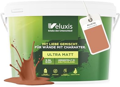 Veluxis® Pintura de pared naranja para interiores - 2,5 litros y opacidad clase 1, sin vetas, antigoteo, ecológica y sin COV (Ruddy Rosehip)