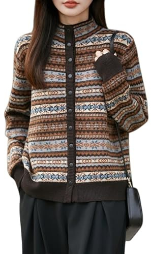 LIUYUYOUGO Strickjacke Damen Fair Isle Pullover Für Damen Stehkragen Strickjacke Aus Merinowolle Vintage Boho Stil Farbenfroh Gestreift Herbst/Winter Lockere Passform Fair Isle Pullover Im Nordisch