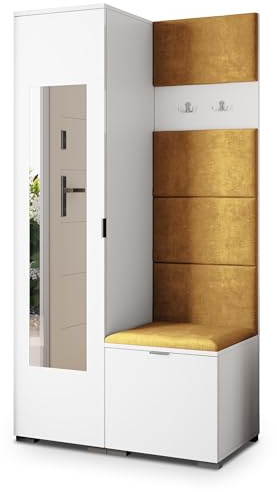 Masseno Flugarderoben Set VIRA, Kleiderschrank-Set mit Spiegel und Sitzbank, Garderobenschrank Flur mit 3 Regalböden, Weiß